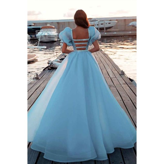 Sky Blue Princess Mermaid Evening Gowns with Sweep Train Short Sleeve Party Gowns