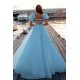 Sky Blue Princess Mermaid Evening Gowns with Sweep Train Short Sleeve Party Gowns