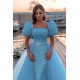 Sky Blue Princess Mermaid Evening Gowns with Sweep Train Short Sleeve Party Gowns