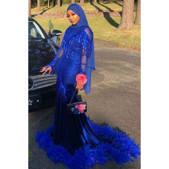 Royal Blue Sequined Mermaid Evening Gown Sweep Train