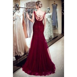 MELBA Mermaid Sleeveless Long Sequined Tulle Burgundy Evening Gowns