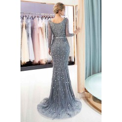 MAVIS Mermaid Long Sleevess V-neck Sequins Evening Gowns with Sash