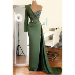 Chic One Shoulder Mermaid Evening Gown Green Party Dress